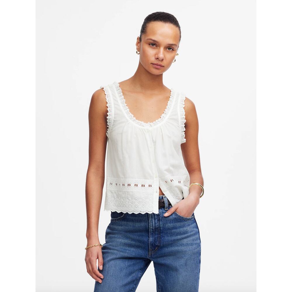 Madewell Embroidered Scalloped Tank Top Cotton Blend Cottage Boho White M NWT